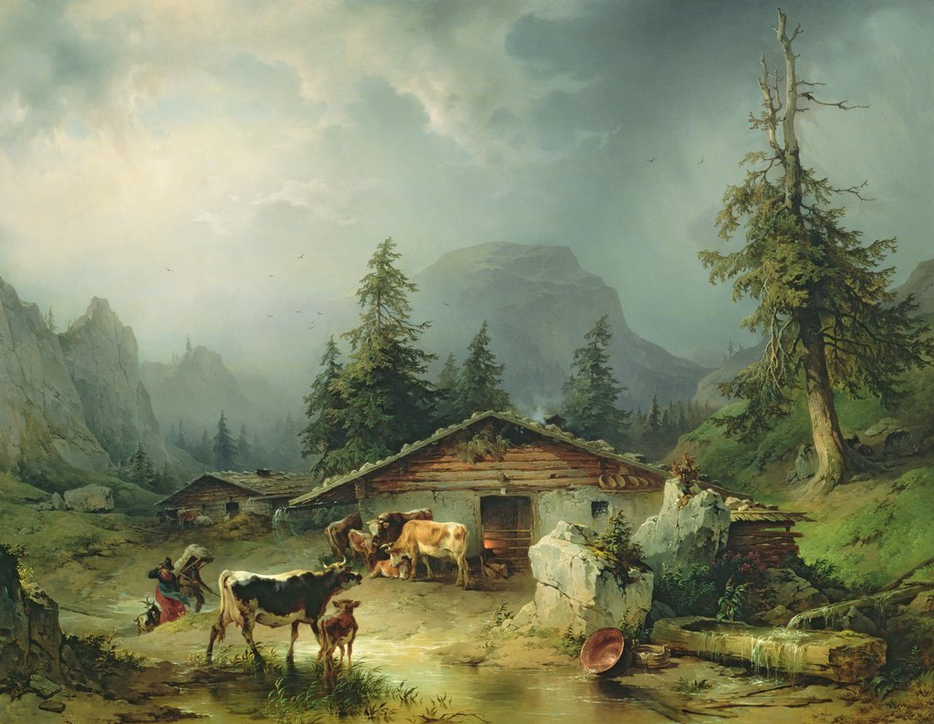 Detail of Alpine hut in Rainy Weather, 1850 by Friedrich Gauermann