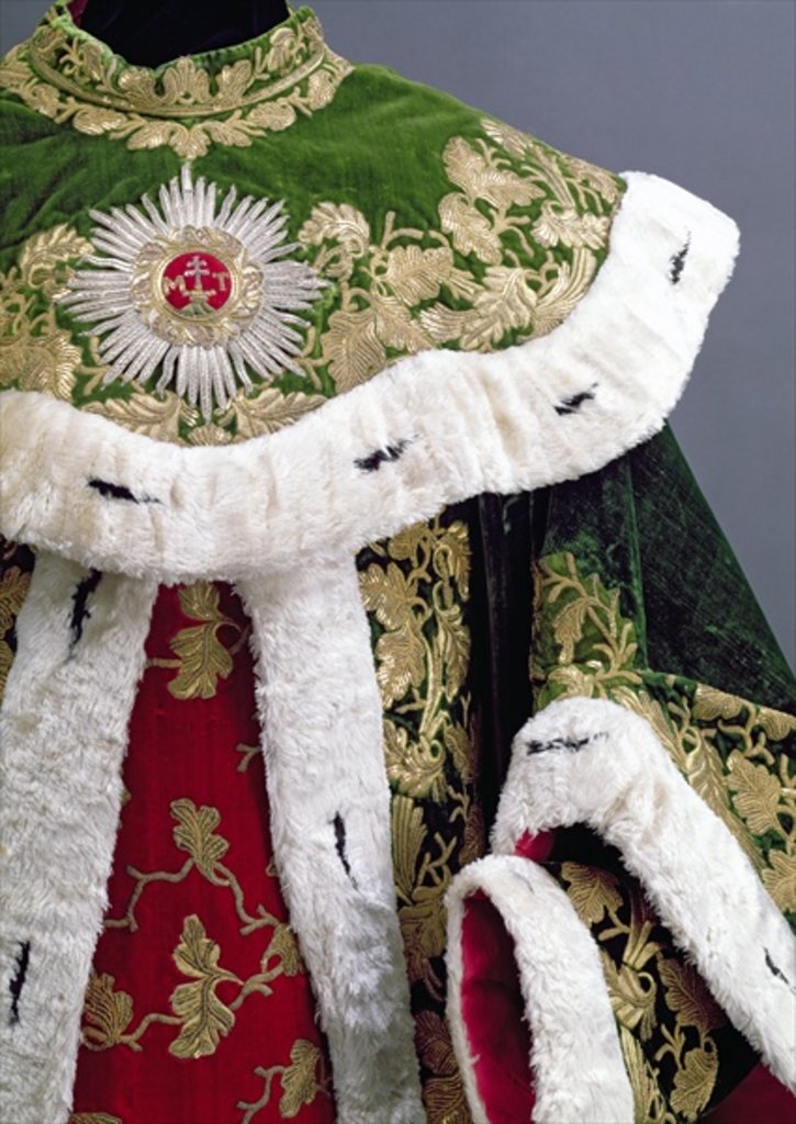Detail of Official robes of the Hungarian Order of St. Stephen, of red and green ermine-edged velvet with gold oak-leaf design embroidery, 1764 by Anonymous