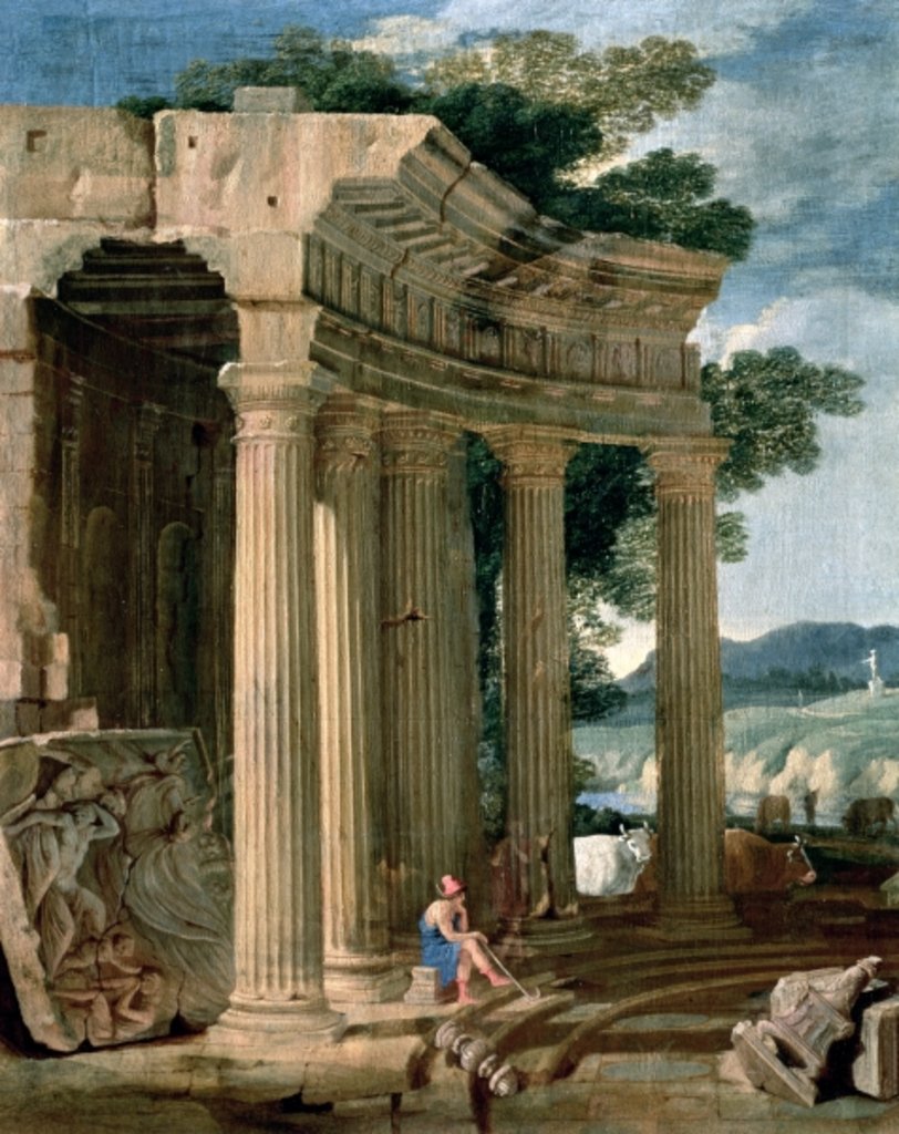 Detail of Landscape with ruins and a shepherd by Jean Lemaire