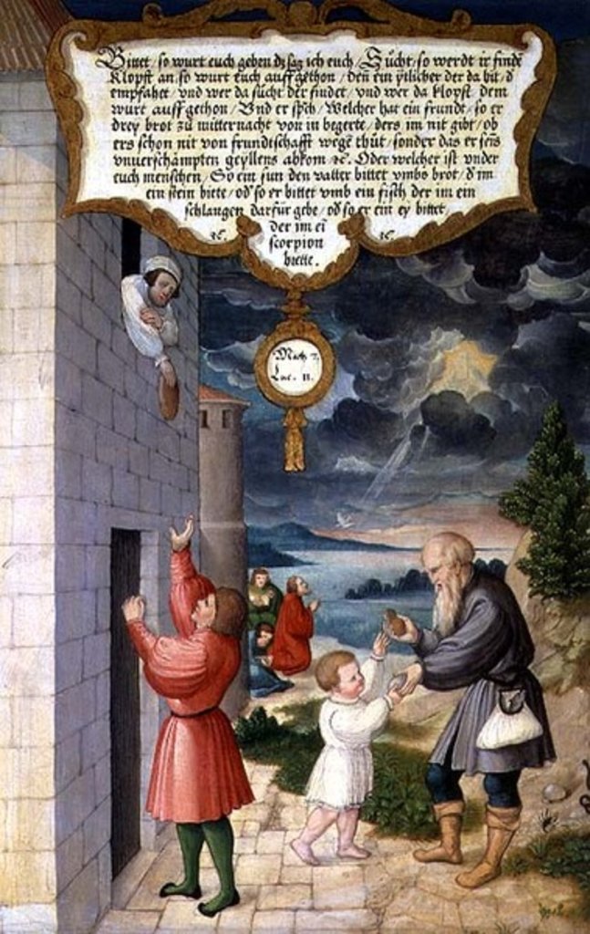 Detail of Which of you, when asked by his son for a loaf, will hand him a stone? by Matthias Gerung or Gerou