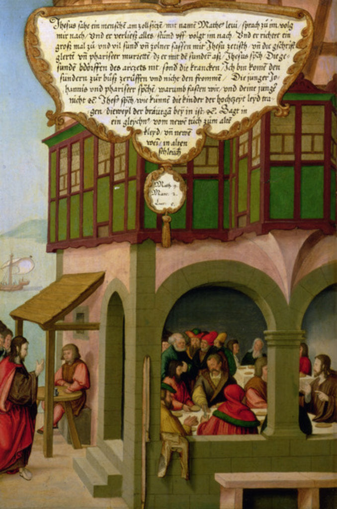Detail of Jesus eating with the taxpayers and sinners section of wing panel from the Mompelgarter Altarpiece by Matthias Gerung or Gerou