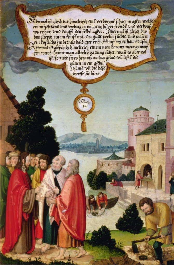 Detail of The Realm of Heaven is like a net, which was thrown into the sea and collected fish of every sort illustration of Christ's teaching by Matthias Gerung or Gerou