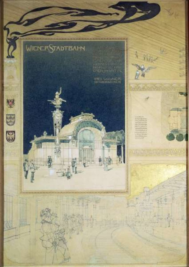 Detail of The Stadtbahn Pavilion of the Vienna Underground Railway, design showing the exterior and a view of the railway platform, c.1894-97 by Otto Wagner