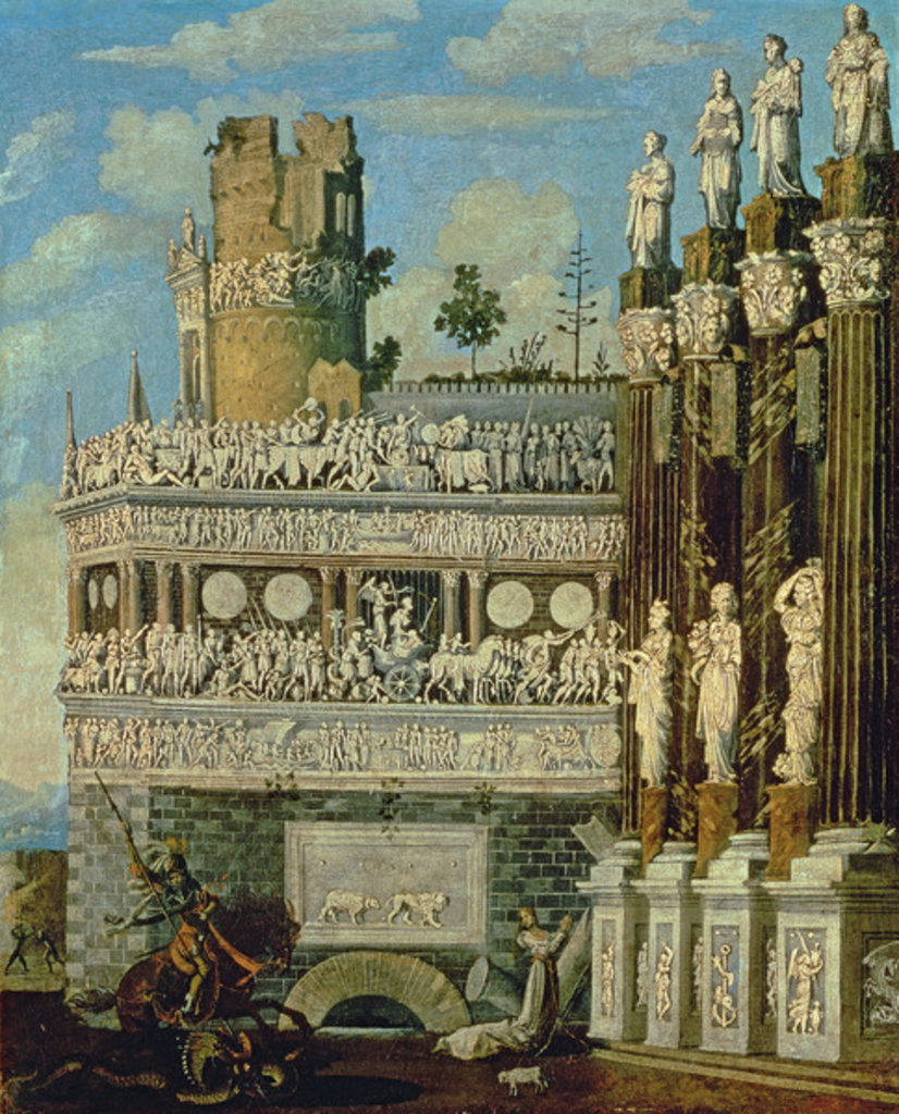 Detail of Fantastical Architecture with St. George and the Dragon, 1622 by Francois de Nome