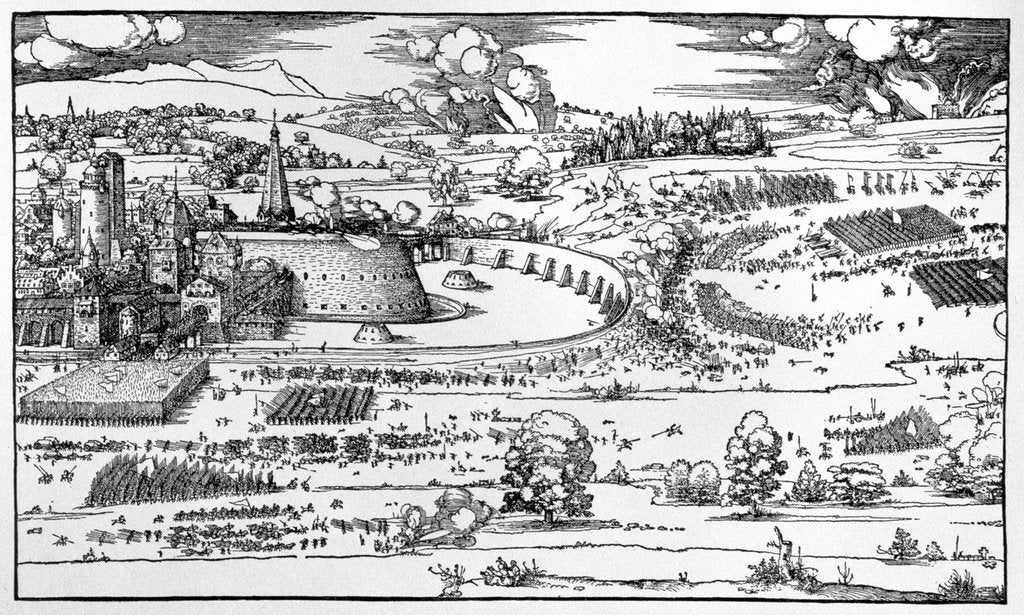 Detail of Demonstration of defensive measures to protect a city against a besieging army by Albrecht Dürer or Duerer