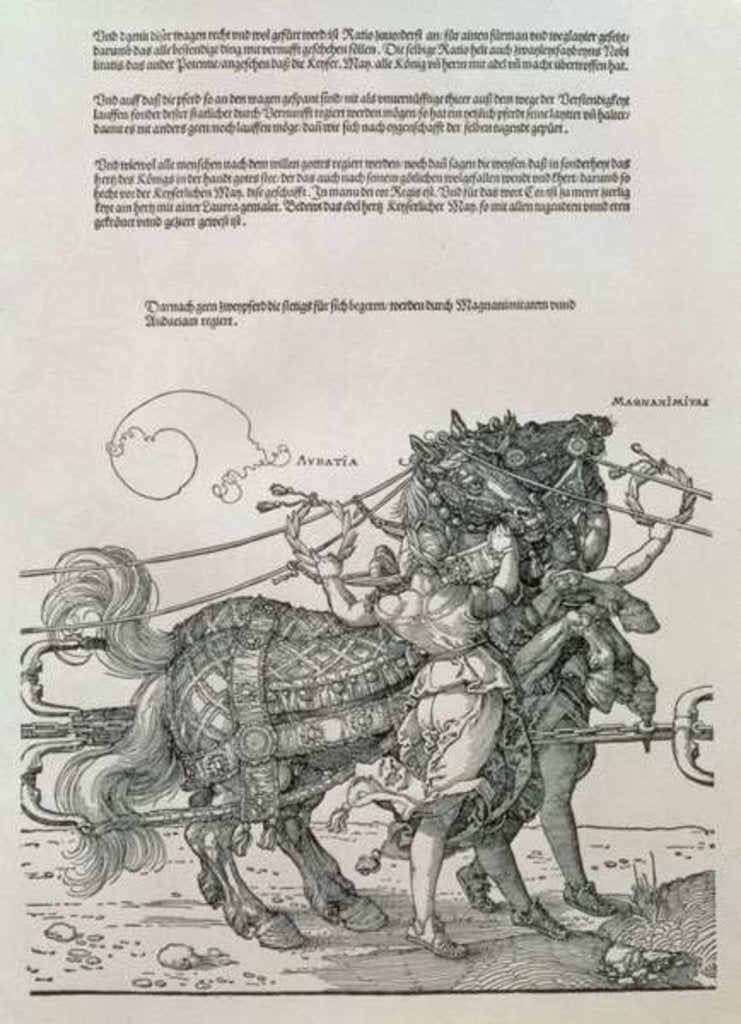 Detail of Triumphal Chariot of Emperor Maximilian I of Germany: detail of the horse teams, guided by two Virtues, Magnanimity and Audaciousness by Albrecht Dürer or Duerer