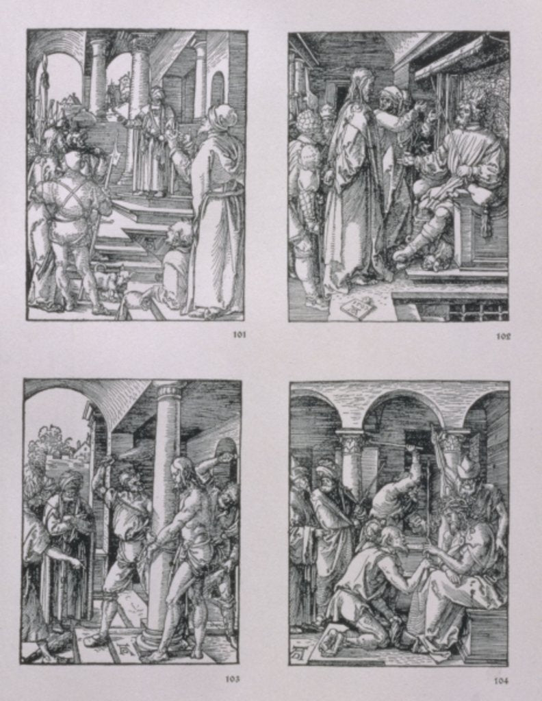 Detail of The 'Small Passion' series: Christ before Pilate; Christ before Herod; Flagellation; Crowning with thorns, pub. 1511 by Albrecht Dürer or Duerer