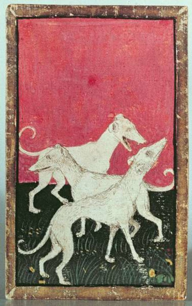 Detail of Three hunting dogs, one of a set of playing cards depicting scenes of courtly hawking, Upper Rhein Are, c.1440-45 by Konrad Witz