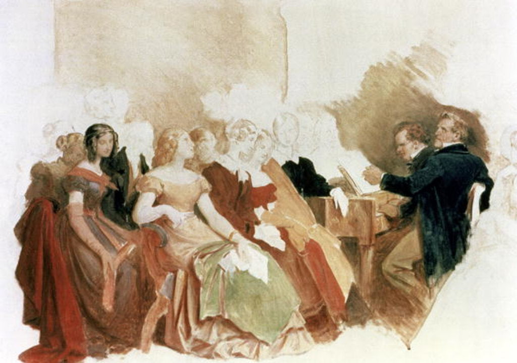 Detail of Study for An Evening at Baron von Spaun's: Schubert at the piano among his friends, including the operatic baritone Johann Vogl by Moritz Ludwig von Schwind