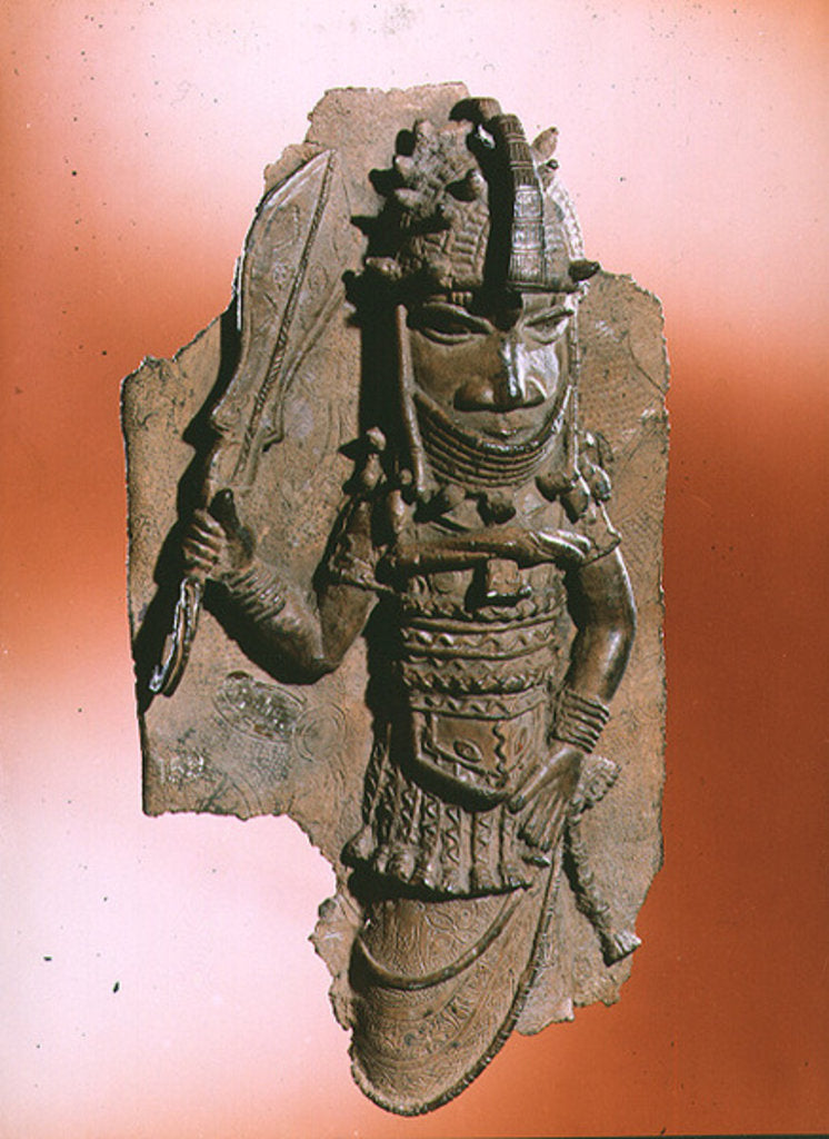 Detail of Plaque depicting the royal god Oba holding the eben sword in his right hand, dancing to honour his ancestors, Benin, possibly 16th century by Anonymous