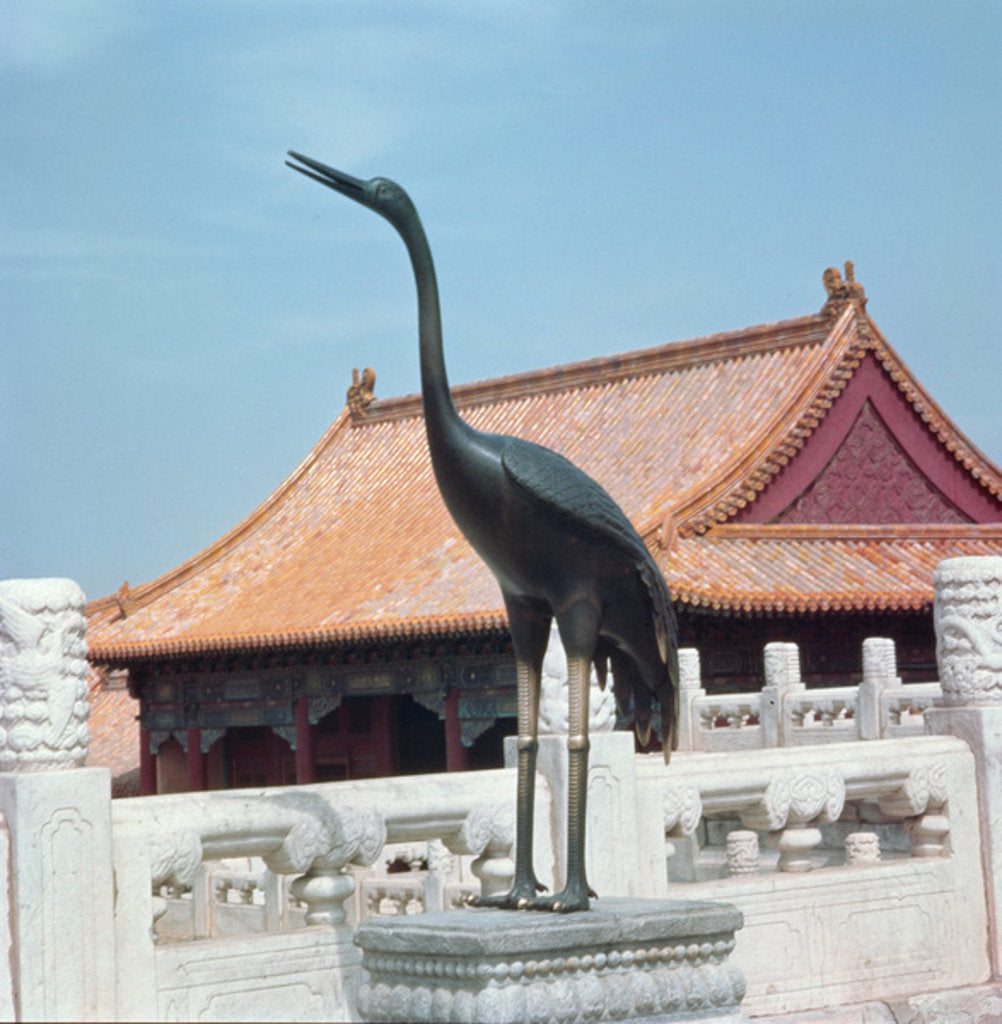 Detail of Statue of a stork with a side pavilion of the Hall of Supreme Harmony in the background, Ming Dynasty by School Chinese