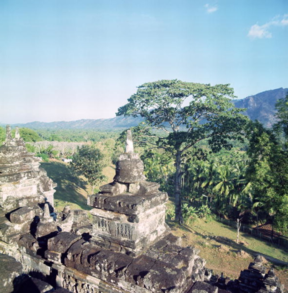 Detail of View from the monument showing balustrade surmounted with small stupa or dagobs, erected c.800 by Anonymous