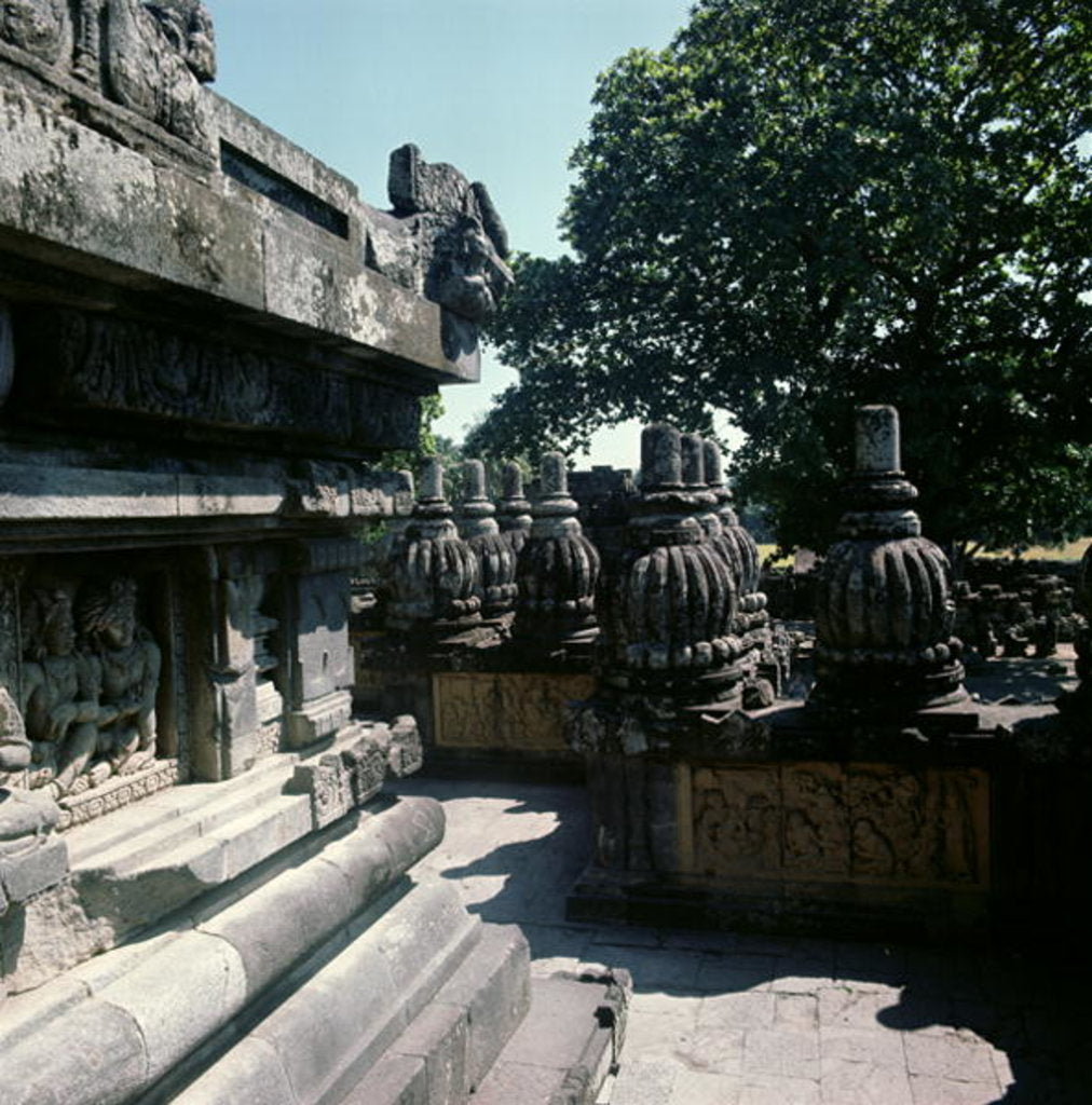 Detail of View of a lower gallery with balustrades surmounted by small stupas, erected c.800 by Anonymous