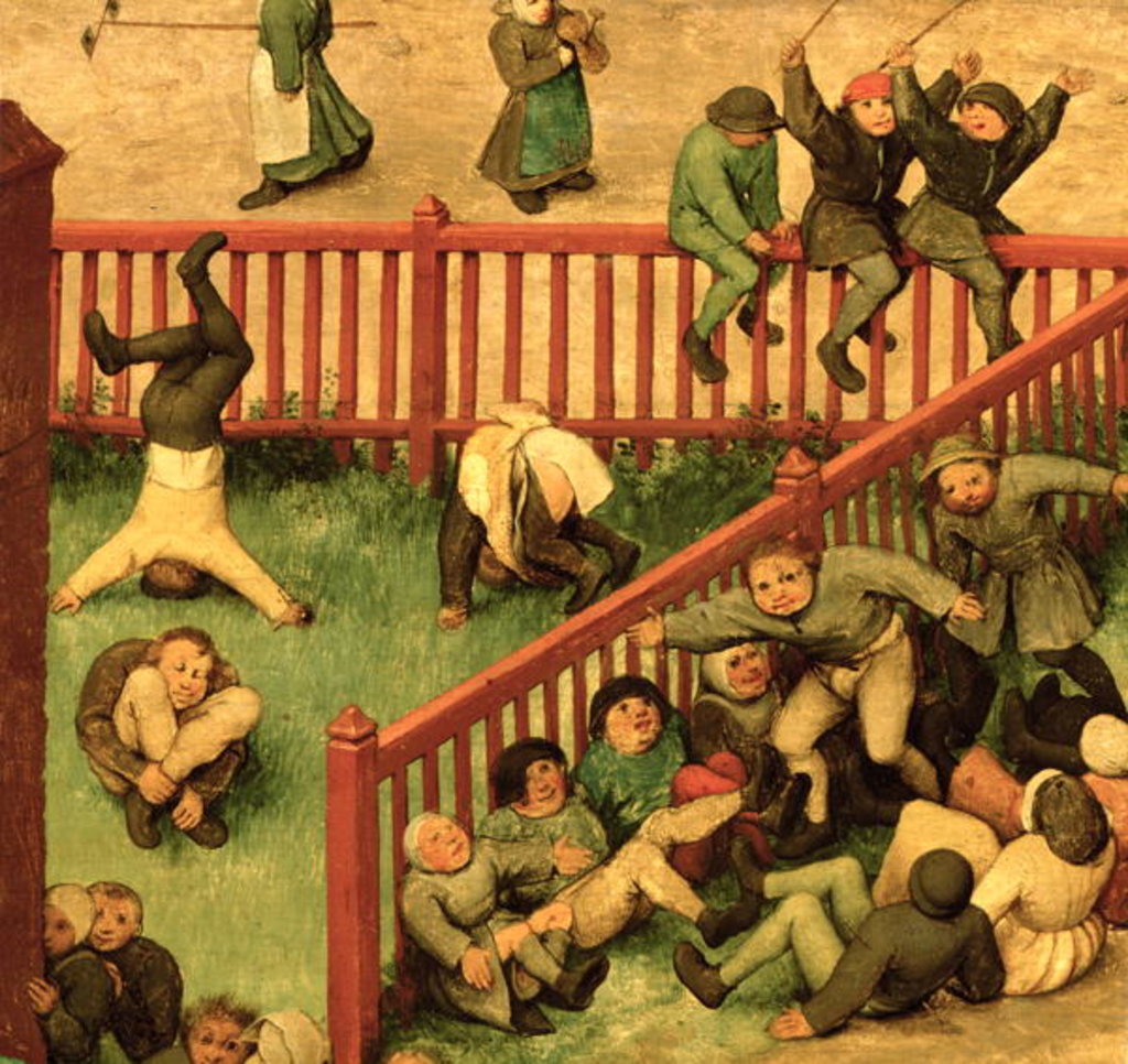 Detail of Children's Games: detail of left-hand section showing children running the gauntlet, doing gymnastics and balancing on a fence, 1560 by Pieter the Elder Bruegel