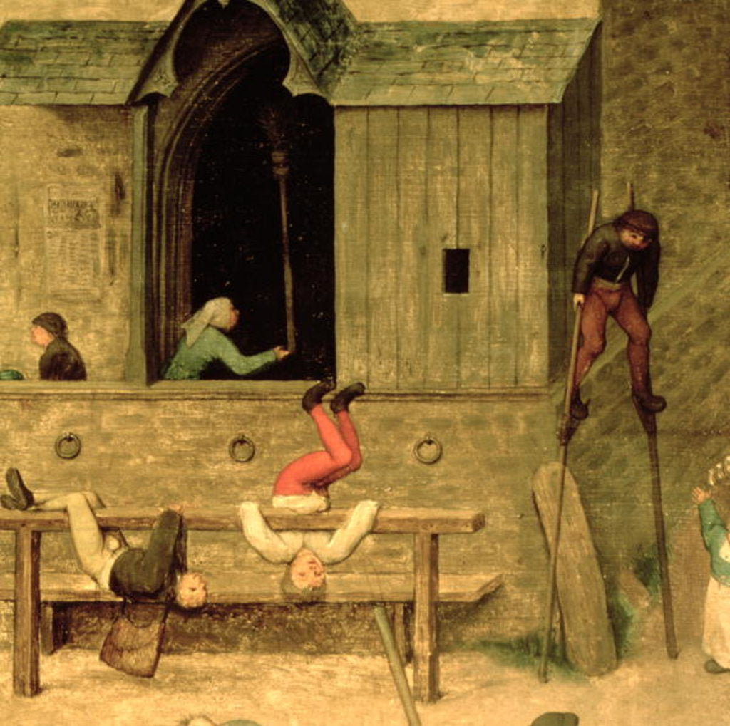 Detail of Children's Games: detail of a boy on stilts and children playing in the stocks, 1560 by Pieter the Elder Bruegel