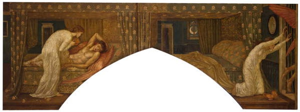 Detail of Cupid and Psyche - Palace Green Murals - Psyche holding the Lamp gazes on the Face of sleeping Cupid and Psyche abandoned, 1881 by Edward Coley Burne-Jones