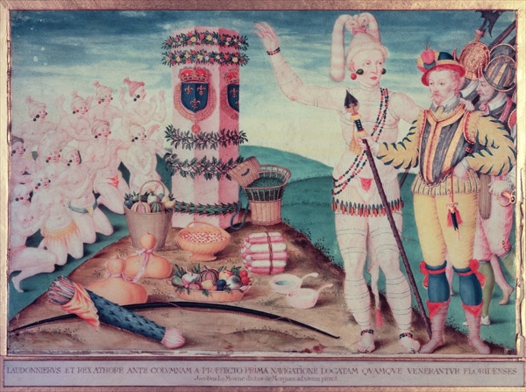 Detail of Rene Goulaine de Laudonniere and Chief Athore in front of Ribault's Column, c.1570 by Jacques (1533-88) Le Moyne