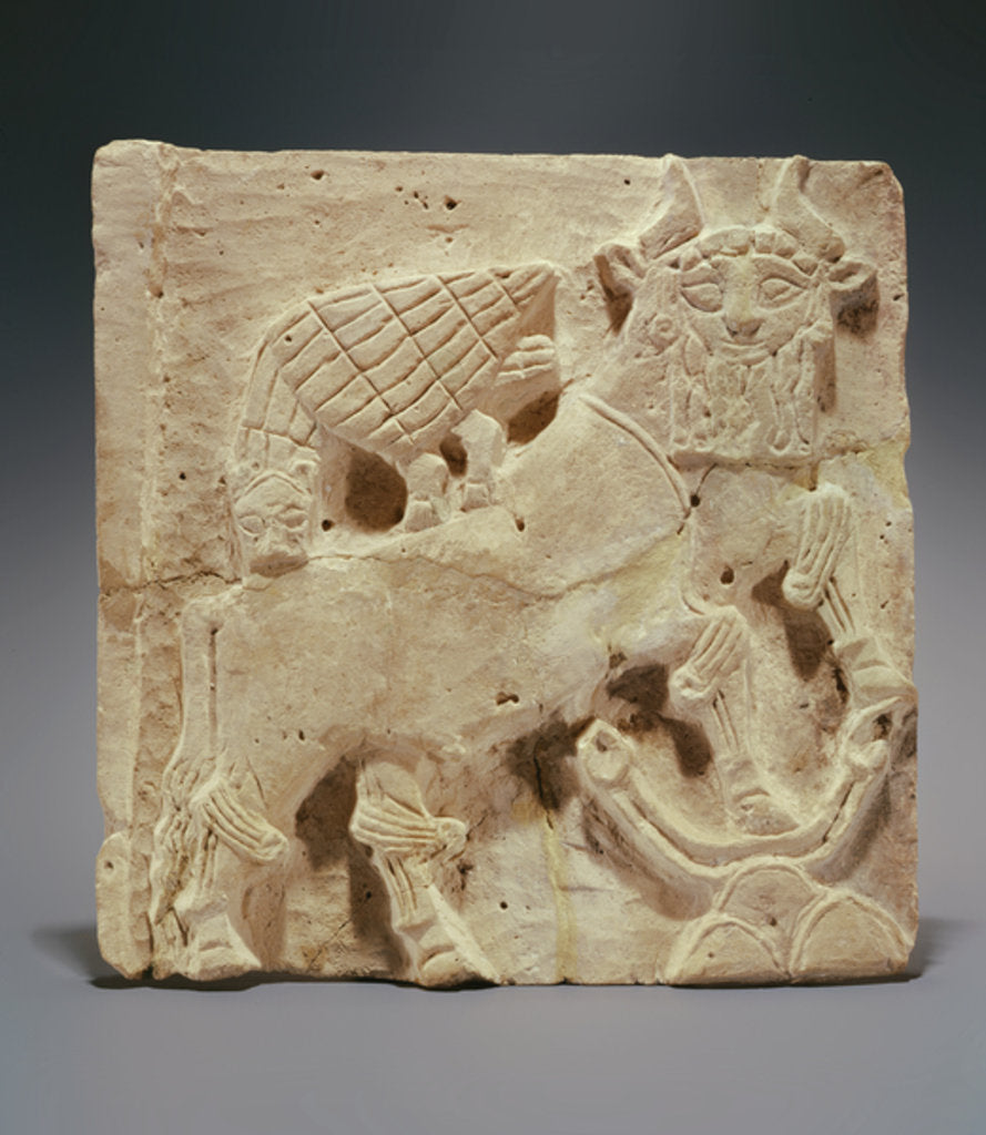 Detail of Plaque depicting a lion attacking a bull, from Iraq, c.2000 BC by Sumerian Sumerian