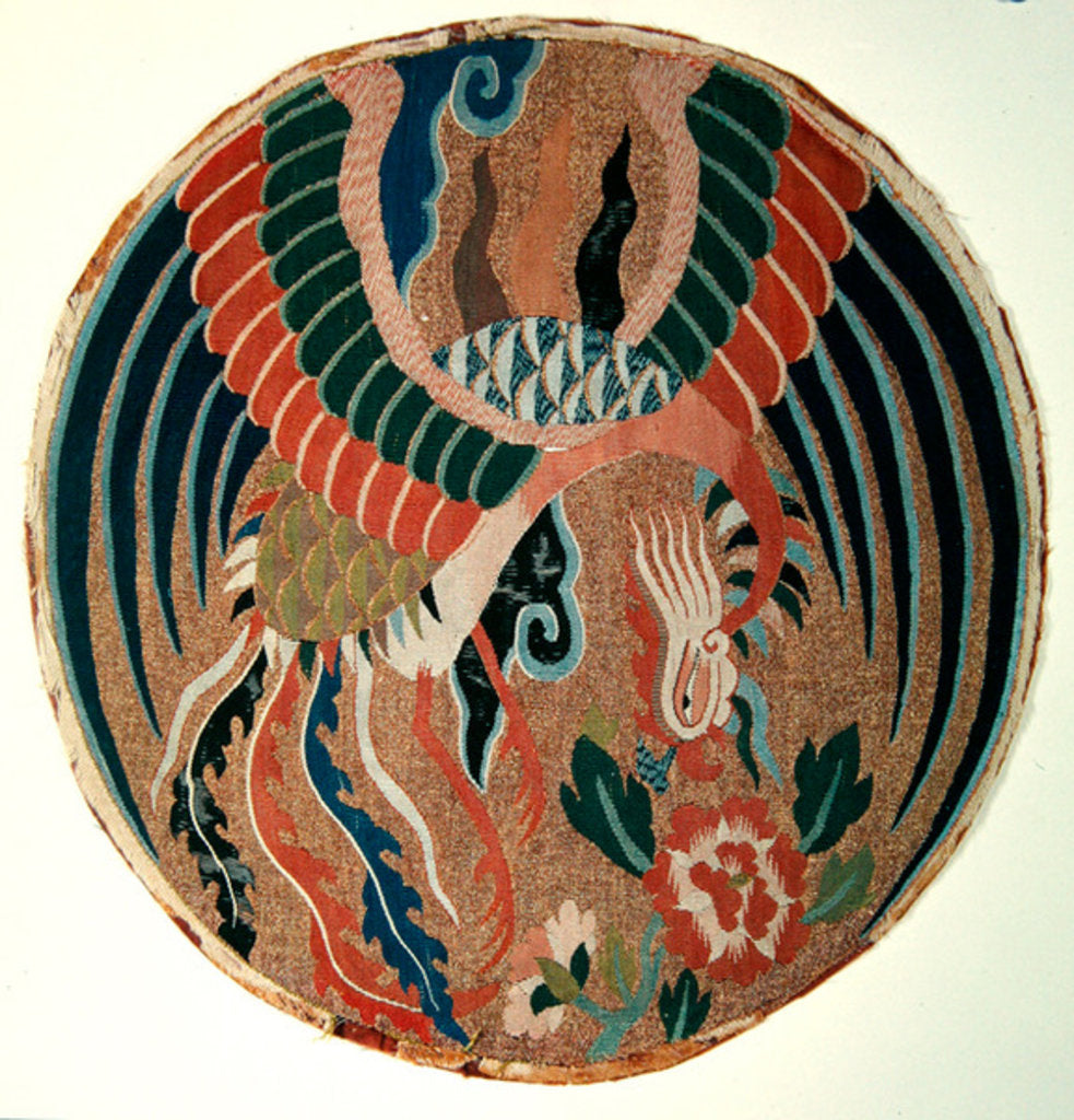 Detail of Roundel with feng-huang and tree peony by School Chinese