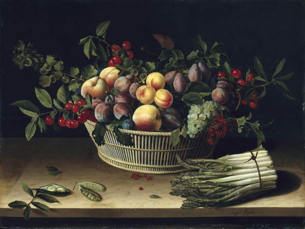 Detail of Still life with a basket of fruit and a bunch of asparagus, 1630 by Louise Moillon