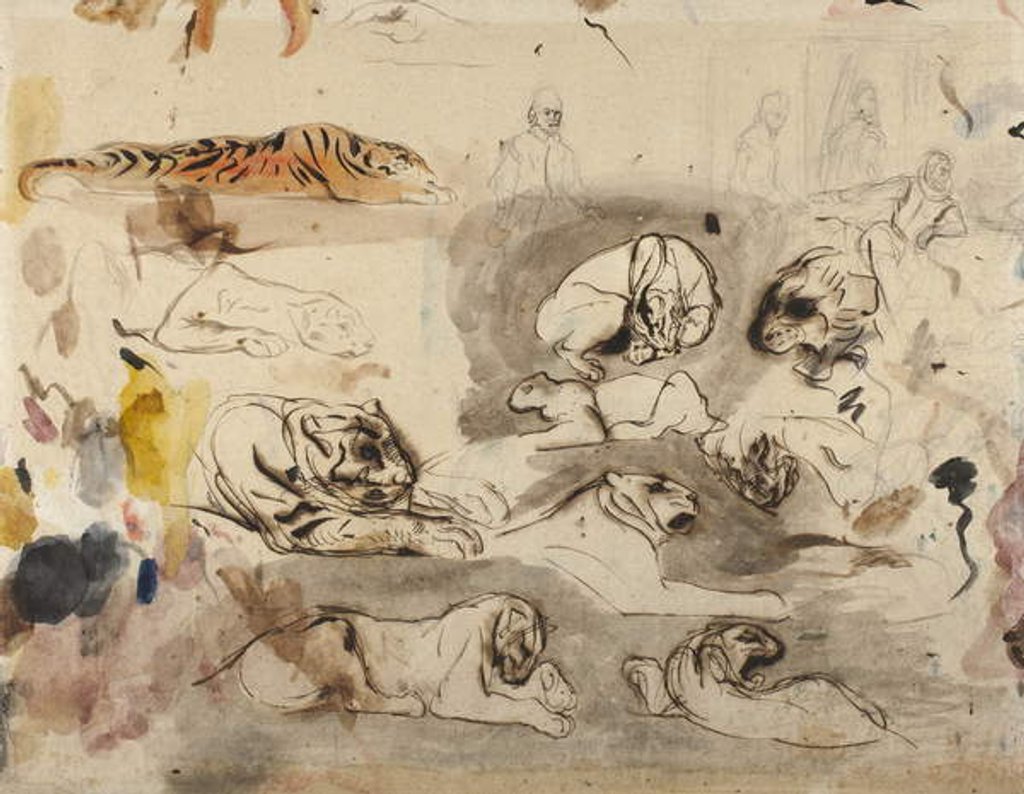 Detail of Sketches of tigers and men in 16th century costume, 1828-29 by Ferdinand Victor Eugene Delacroix
