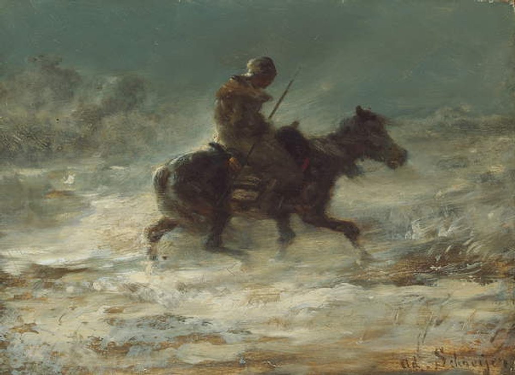 Detail of Man with Lance Riding through the Snow, c.1880 by Adolf Schreyer