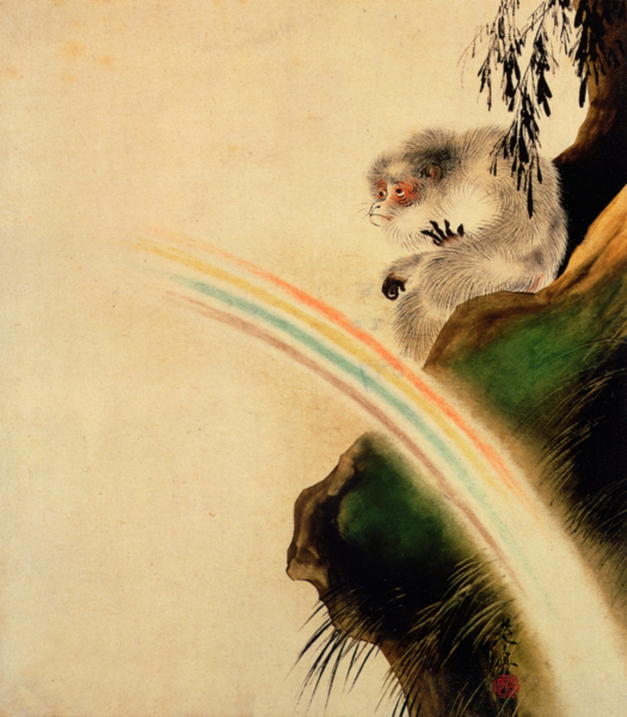 Detail of Gibbon seated on a rock with rainbow in foreground by Shibata Zeshin