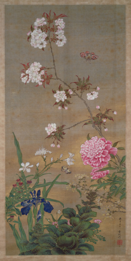 Detail of Peony, iris, cherry blossom and a butterfly, 1828 by Abe Kan Torin