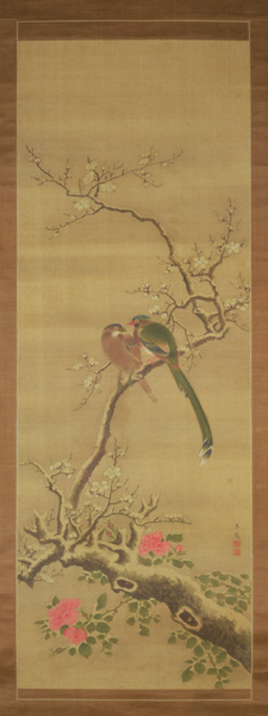 Detail of Birds on a snowy bough by Japanese School
