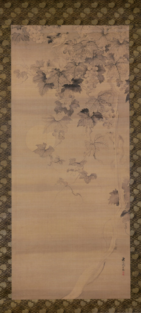 Detail of Squirrel on grape vine in moonlight by Japanese School
