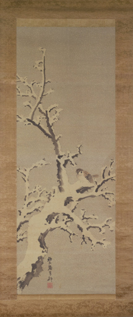 Detail of Sparrow on a tree in a snowstorm, c.1800 by Kishi Ganku