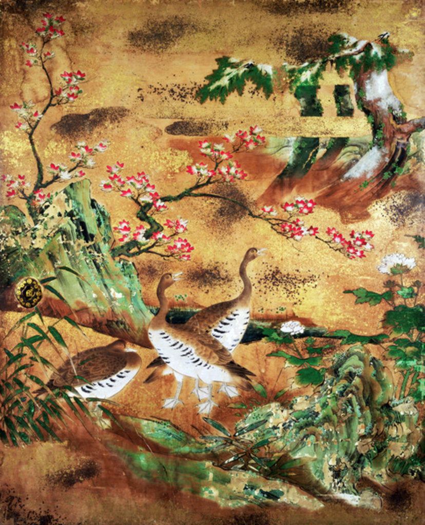 Detail of Birds and flowers sliding-door panel by Japanese School