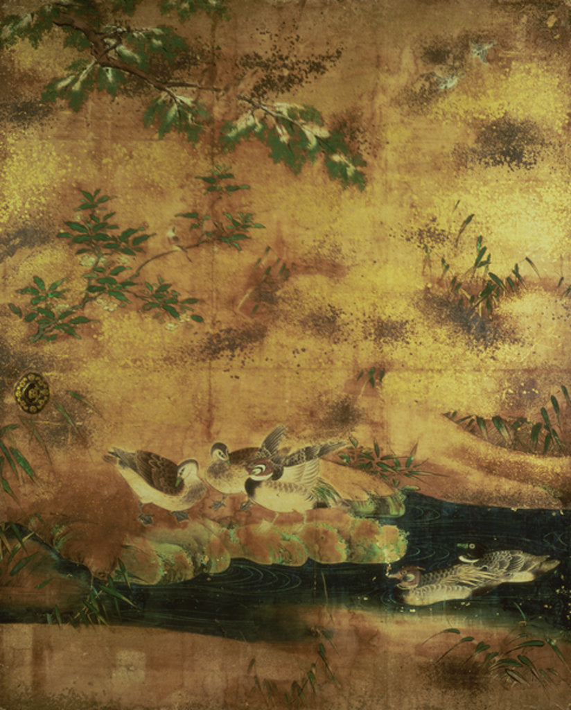 Detail of Birds and flowers sliding-door panel by Japanese School