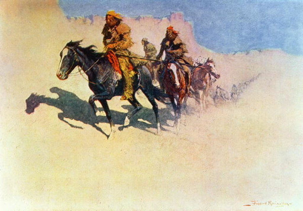 Detail of Jedediah Smith making his way across the desert from Green River to the Spanish settlements at San Diego by Frederic Remington