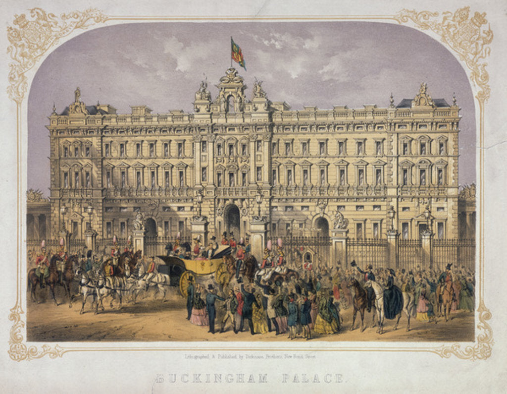 Detail of View of Buckingham Palace with a Crowd Outside Applauding Queen Victoria and Prince Albert as they Ride Out in a Carriage, c.1855 by English School