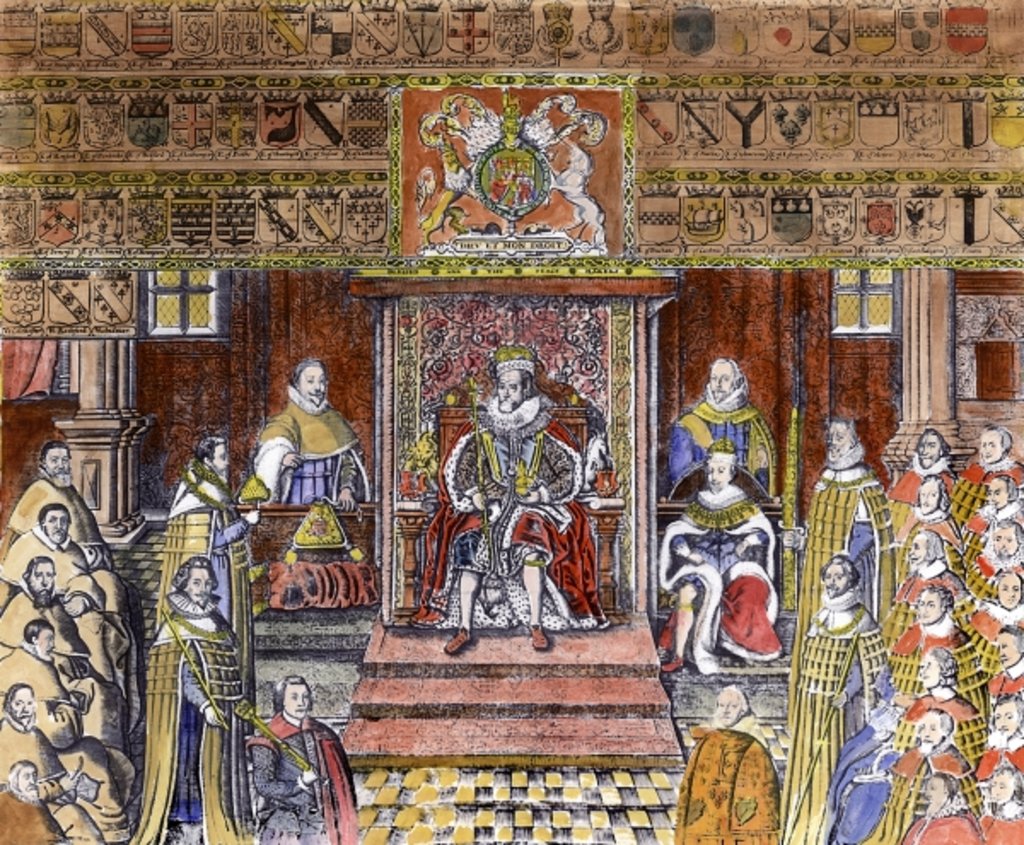 Detail of James I of England at Court by English School