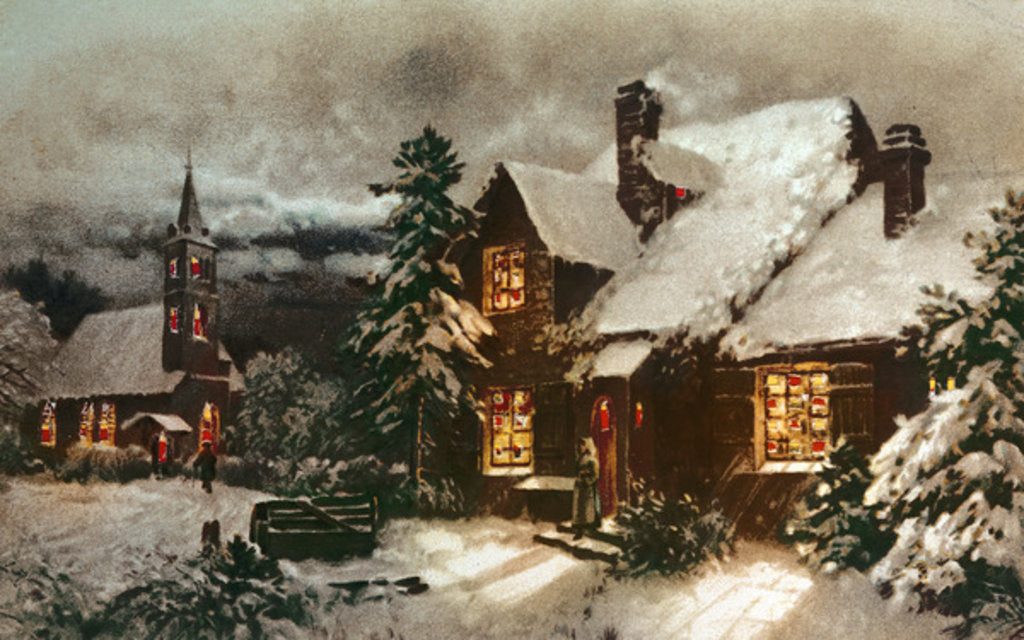 Detail of Church and Cottage with Lighted Windows by School English