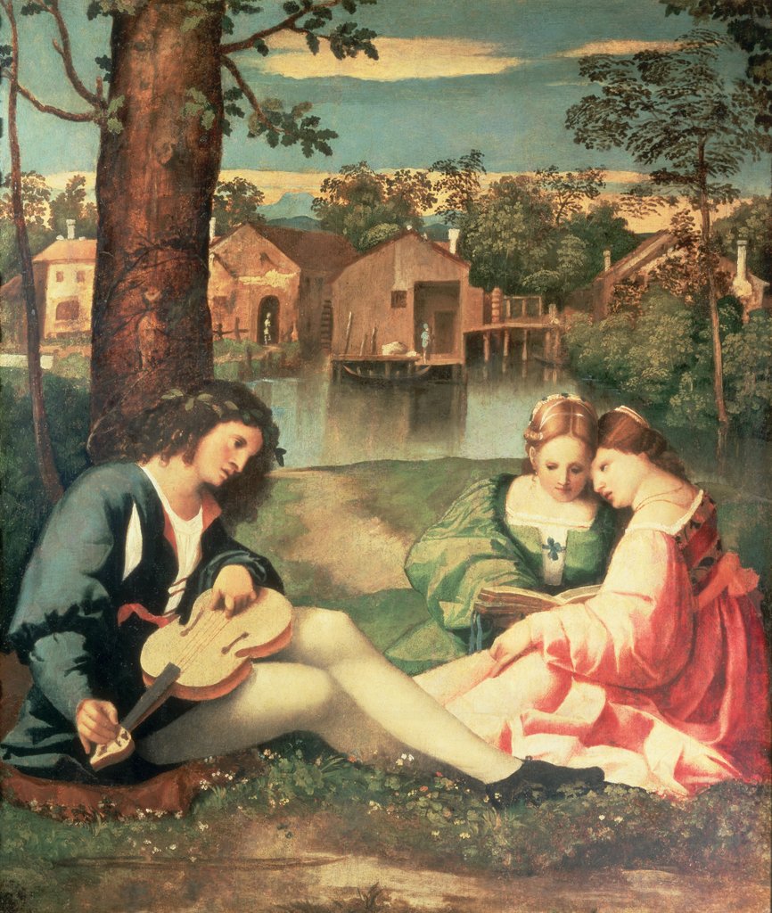 Detail of Youth with a guitar and two girls sitting on a river bank by Giorgione