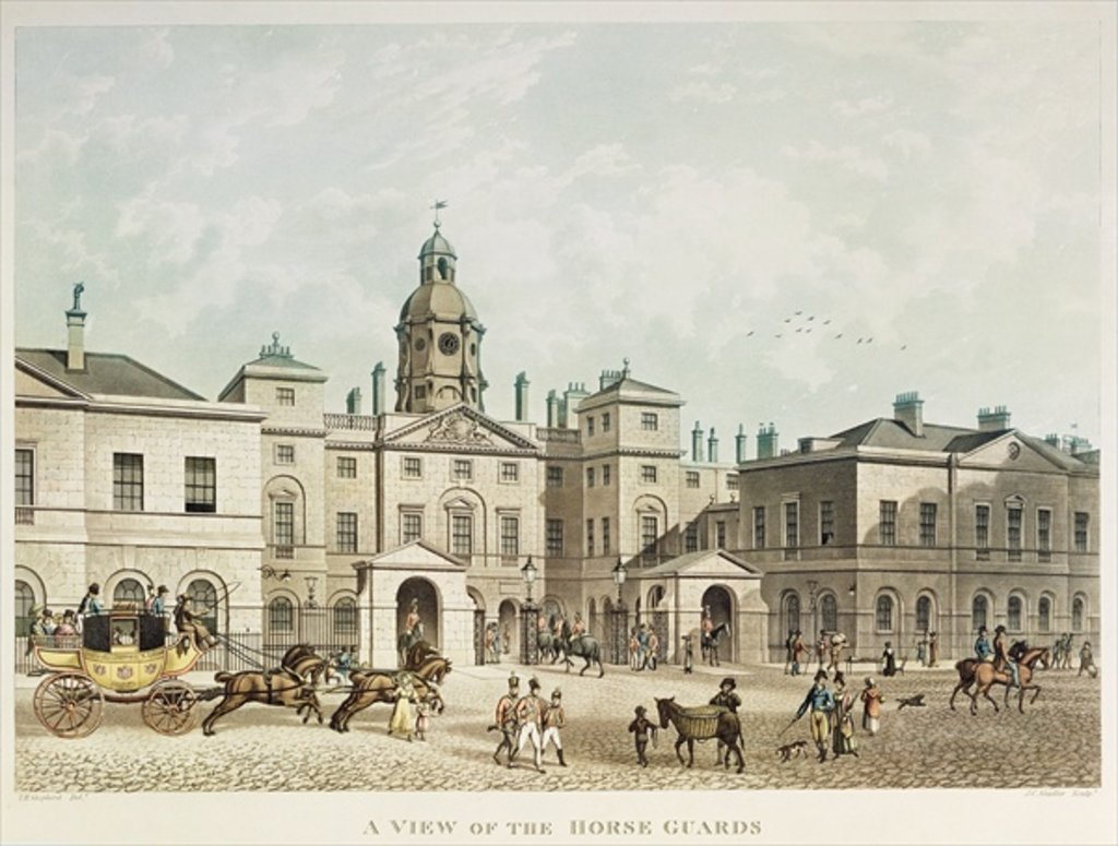 Detail of A view of the Horse Guards from Whitehall engraved by J.C Sadler by Thomas Hosmer (after) Shepherd