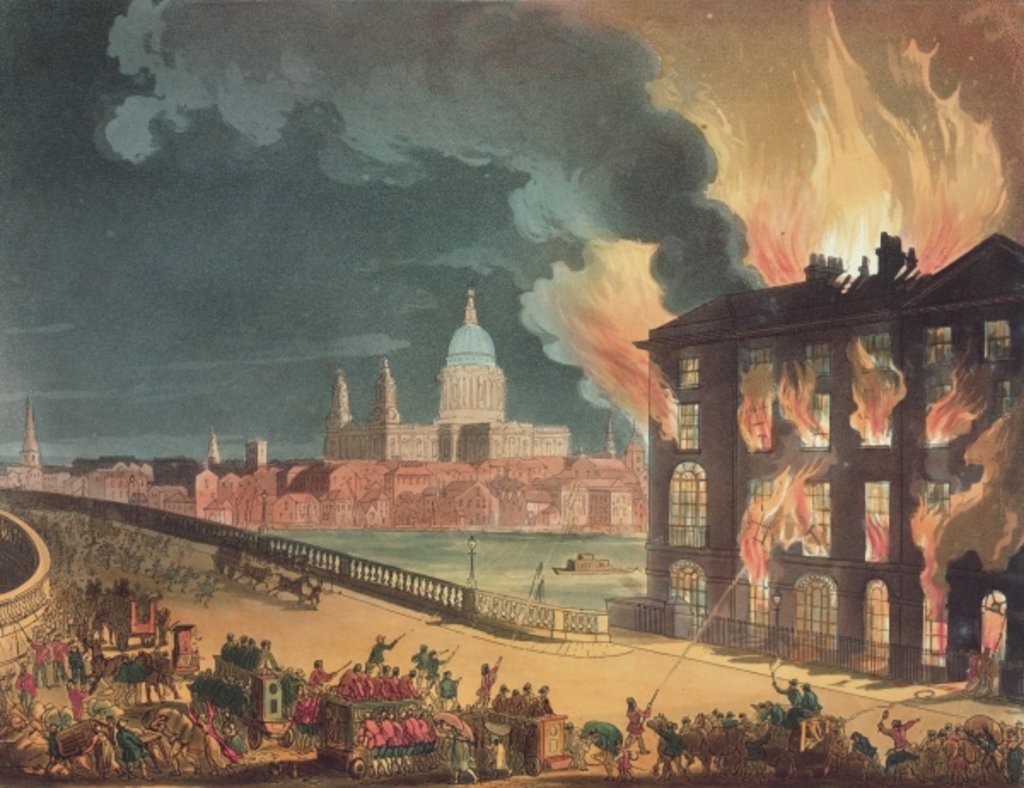 Detail of Fire at Albion Mill, Blackfriars Bridge, from Ackermann's 'Microcosm of London' c.1808-11 by T. & Pugin A.C. Rowlandson