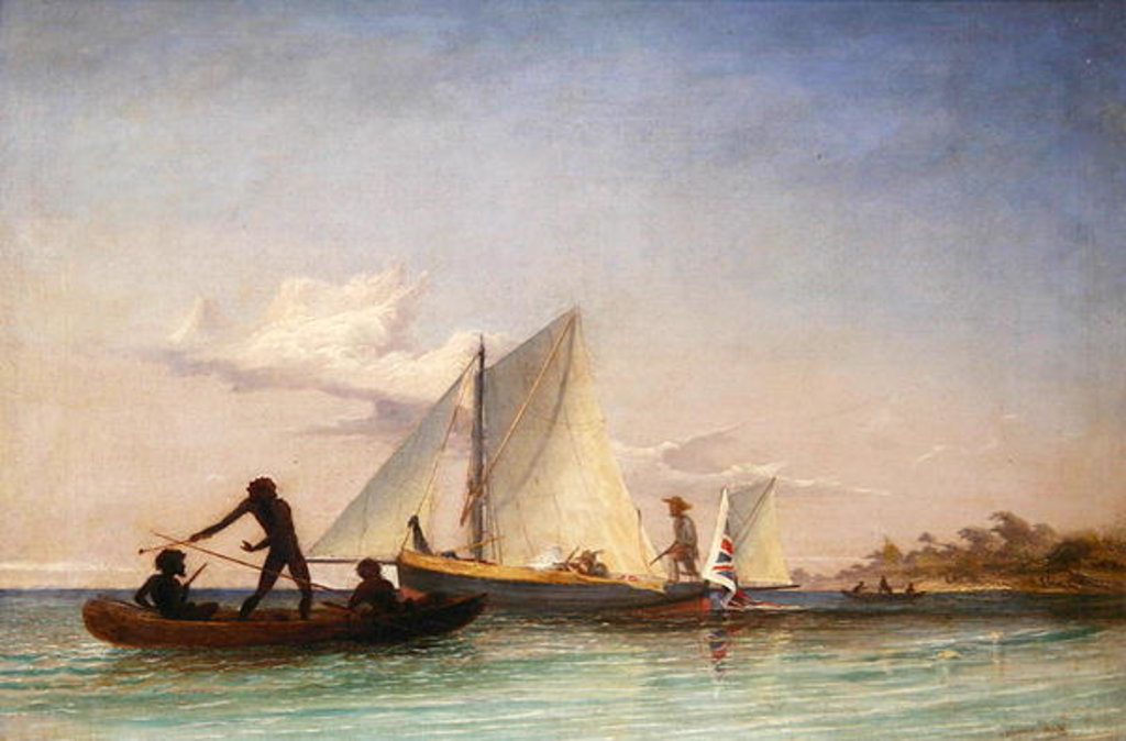 Detail of The Long Boat of the Messenger attacked by Natives by Thomas Baines