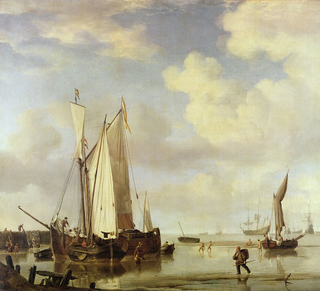Detail of Dutch Vessels Inshore and Men Bathing, 1661 by Willem van de the Younger Velde