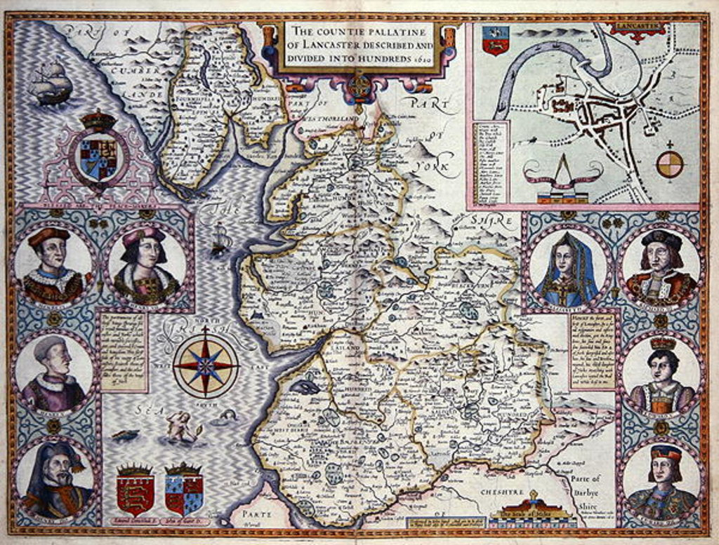 Detail of Map of Lancaster divided into hundreds, 1610 by English School