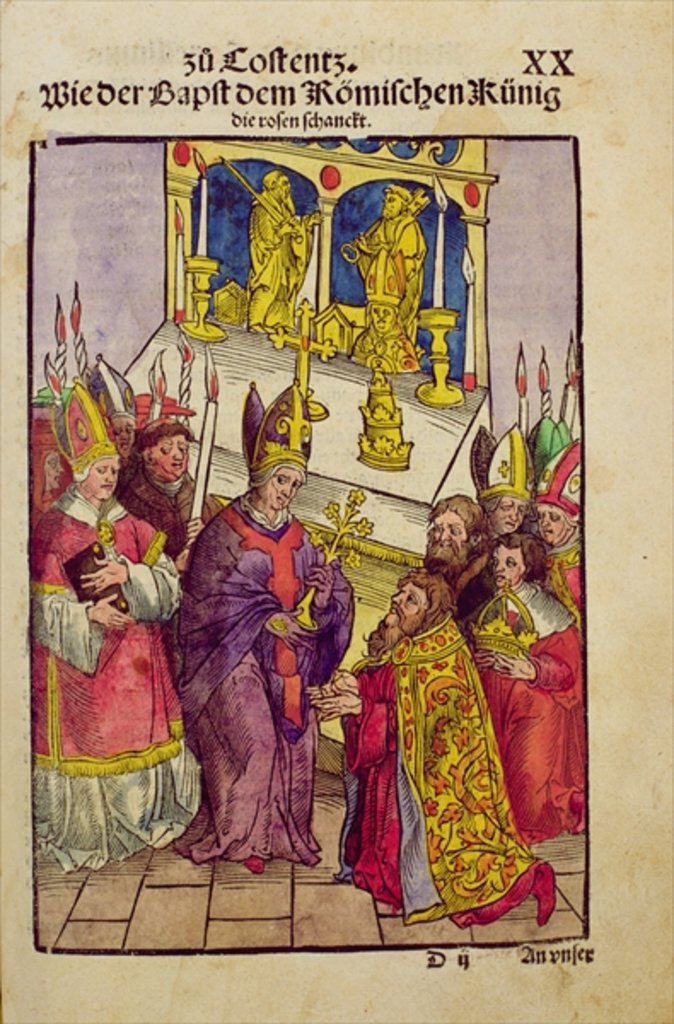 Detail of Pope Martin V gives Sigismund the symbolic gift of the Golden Rose at the Council of Constance by Ulrich von Richental