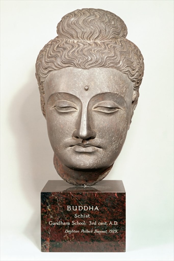 Detail of Head from a statue of the Buddha, from Gandhara, north-west India by Indian School