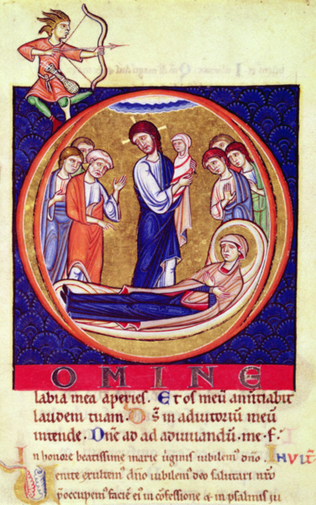 Detail of Historiated initial depicting the death of the Virgin, from an unknown manuscript, 12th-13th century by School European