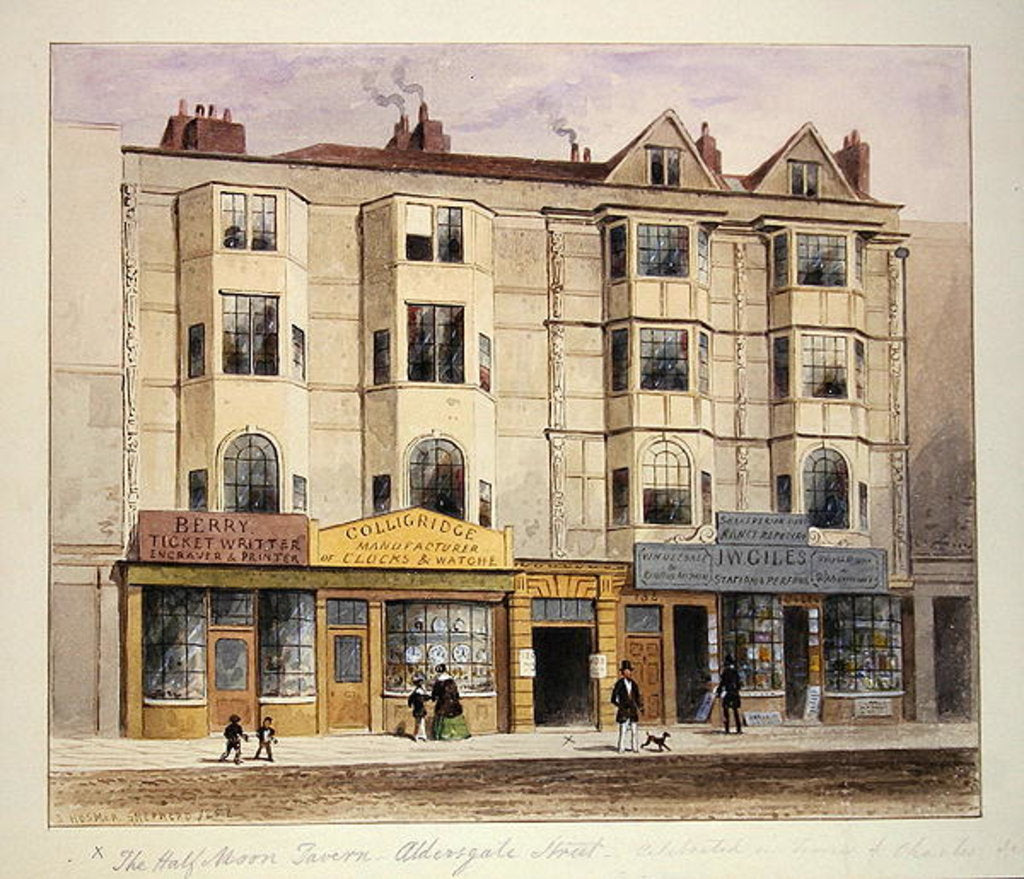 Detail of An old House called the Half Moon Tavern, on the West side of Aldersgate Street, 1852 by Thomas Hosmer Shepherd