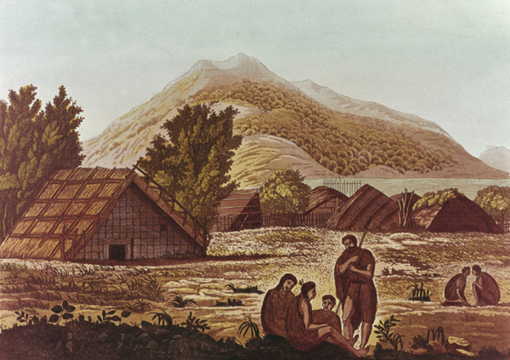 Detail of Natives, with Huts and Mountains Behind by English School