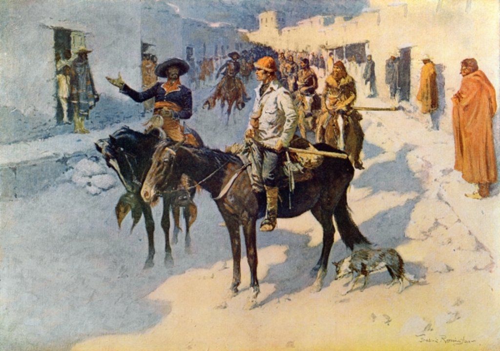 Detail of Zebulon Pike Entering Santa Fe, illustration published in 'Collier's Weekly', 1906 by Frederic (after) Remington