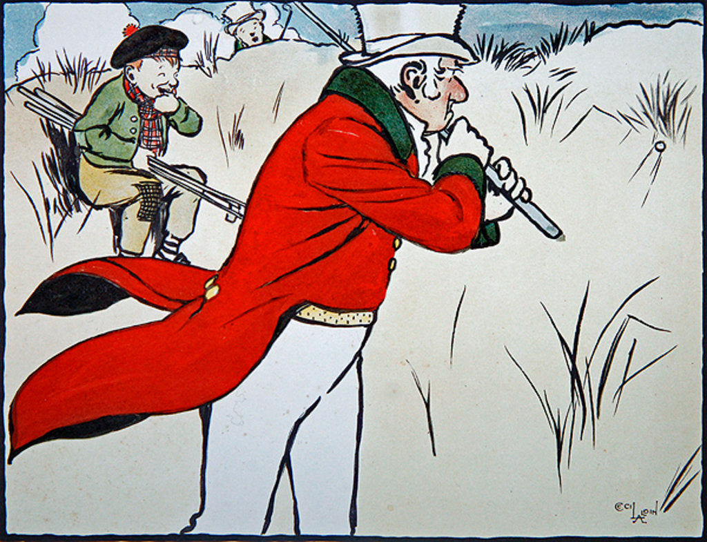 Detail of Angry golfer driving his ball into the scrub while his caddy tries to stop himself from laughing, 1901 by Cecil Charles Windsor Aldin
